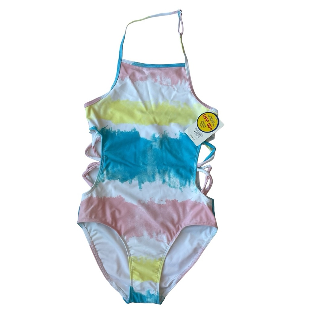 Tucker + Tate Girl’s One Piece Swimsuit UPF 50+ Dip Dye Stripe Halter Top NWT